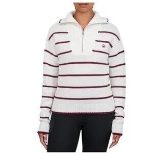 UNITED COLORS OF BENETTON Preppy White Burgundy Striped 1/4 Zip Pullover Sweater